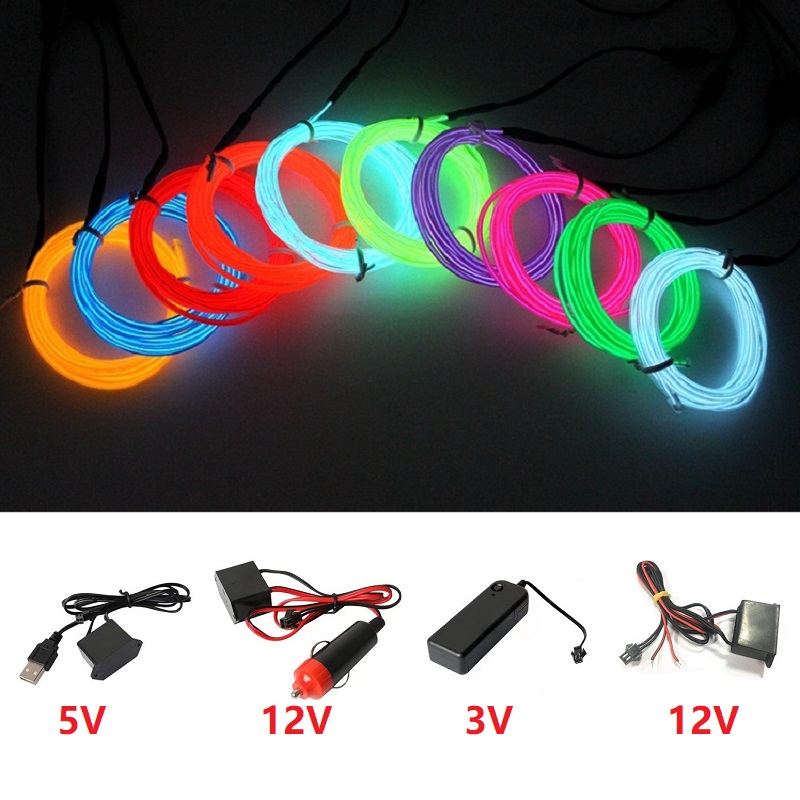Led El Wire - 10m/5m/3m/1m 3V batería 5V USB 12V